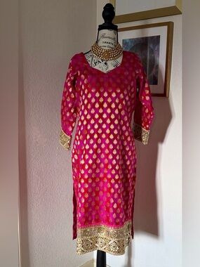 Banarasi Silk Zari weaving Salwar Kameez lined Punjabi Indian Suit Pink Green